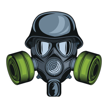 Gas mask in a helmet. Vector illustration of a chemical gas mask respirator with protective glass and filters.