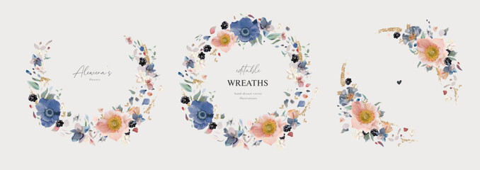 Watercolor wreath set. Floral vector illustration. Blue, pink anemone flowers, white petals, blackberry, golden glitter bouquet print. Pastel wedding invite, save the date, birthday party card element