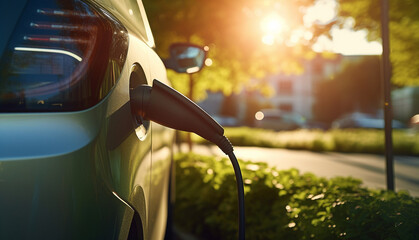 Power supply for electric car charging. Electric car charging station. Close up of the power supply plugged into an electric car being charged.