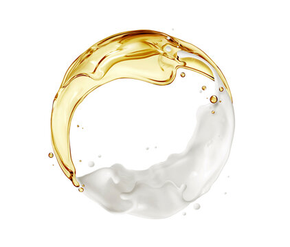 Olive oil and dairy splashes arranged in a circle isolated on a white background