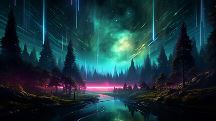 Fototapeta premium Fantasy landscape with a road in the middle of the forest and aurora borealis