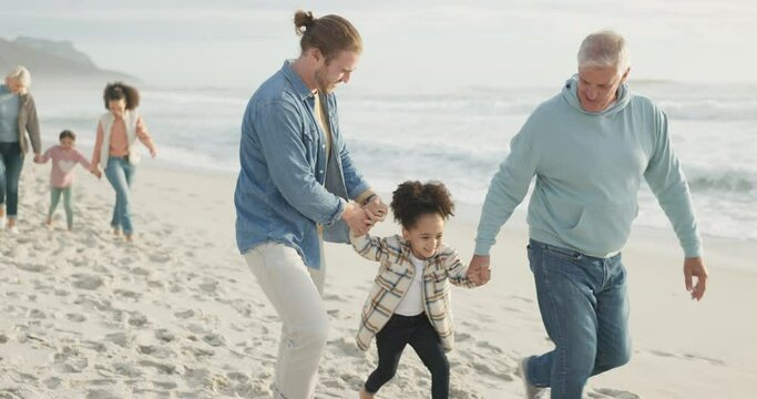 Family, grandparents and dad swing girl on beach, holiday or jump holding hands for fun, bonding and quality time on vacation. Parents, children and happiness together with love, support or trust