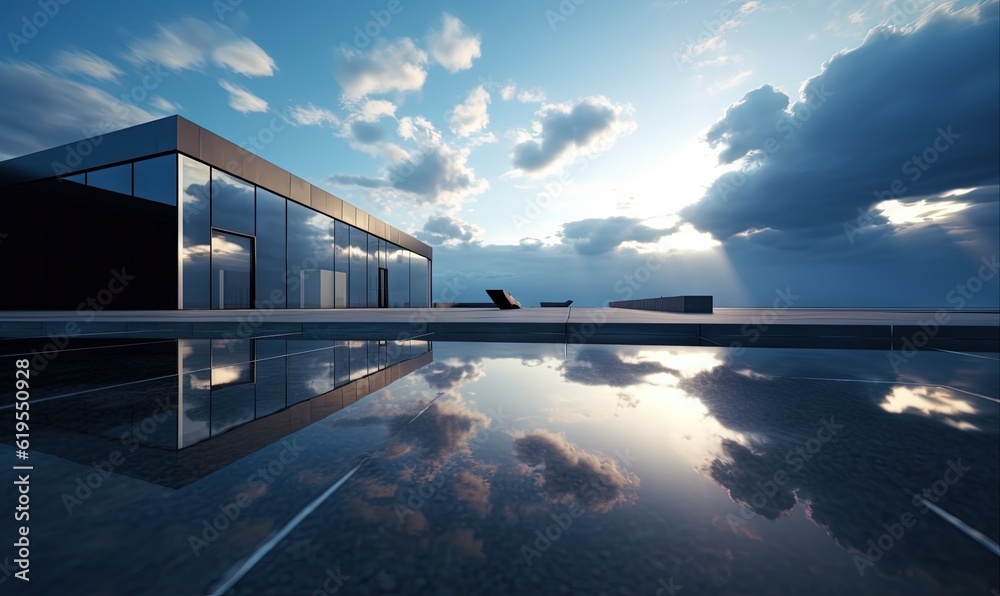 Sticker a large building with a sky background and a pool in the foreground. generative ai