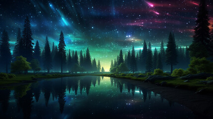 Fantasy landscape with milky way over water and pine forest.