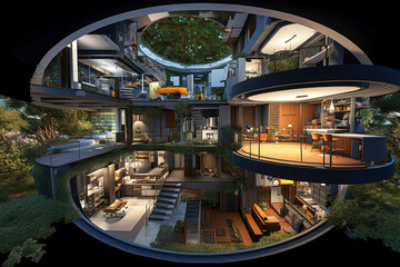 Generative AI illustration of 3D isometric luxury futuristic house in the metaverse