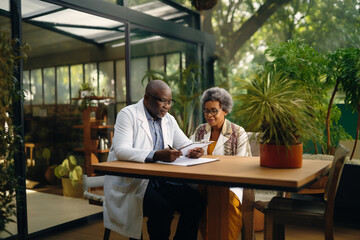Fototapeta na wymiar African American doctor consults an elderly patient. Medical consultation. AI generated.