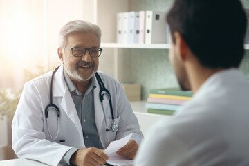 An Indian doctor in a white coat advises an elderly patient. Medical reception of a doctor in a clinic. AI generated.