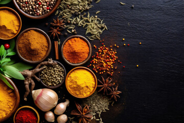 indian powder ingredient background seasoning spice herb dry table food cooking. Generative AI.