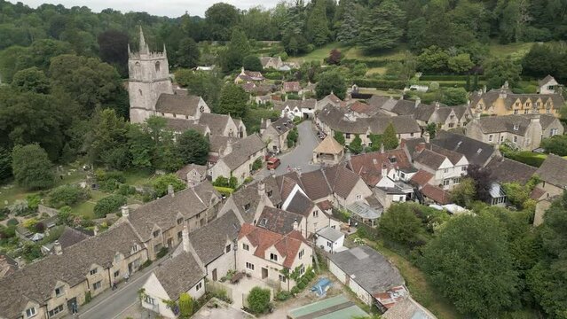 Aerial view of Castle Combe, Cotswolds, Wiltshire, England