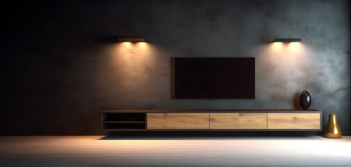 Creative interior concept. Dark large rustic grunge empty wall living room with blank television TV frame furniture deco. Banner template for product presentation. Mock up	