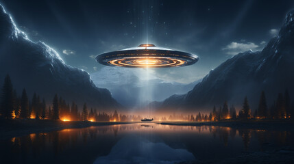 UFO in the sky over the lake. 3D rendering.