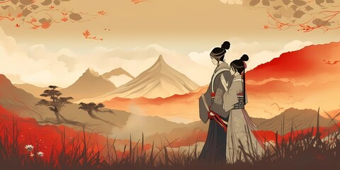 Man and woman, beautiful japanese landscape, sunset. Traditional japanese painting.