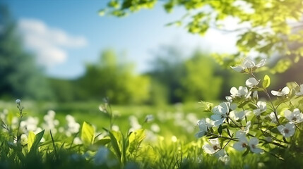 White spring flowers in the meadow. Beautiful nature scene with blooming flowers.