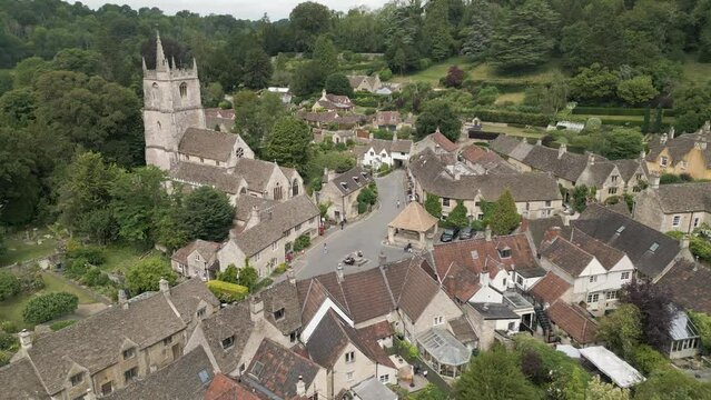 Aerial view of Castle Combe, Cotswolds, Wiltshire, England