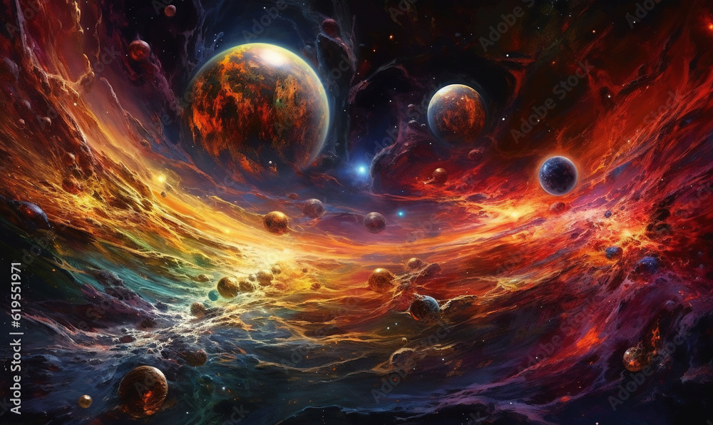 Wall mural a painting of planets in the sky with a colorful background. generative ai