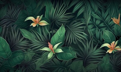  a painting of tropical leaves and flowers on a black background.  generative ai