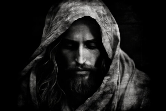 Jesus Christ Portrait in Hood. Black and White Old Picture Grain