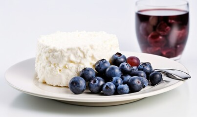  a piece of cake and berries on a plate with a glass of wine.  generative ai