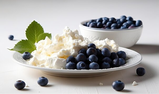  a plate of blueberries and cottage cheese on a table.  generative ai