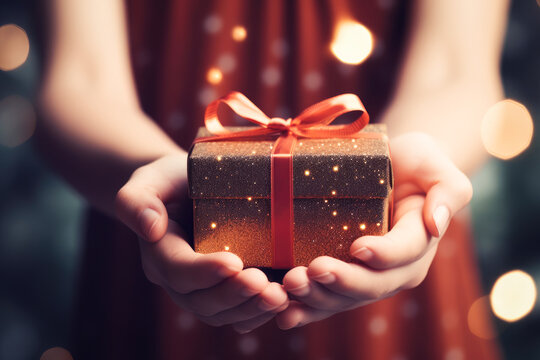 Girls hands holding a gift box for special event. Christmas, Birthday concept. Generative AI.