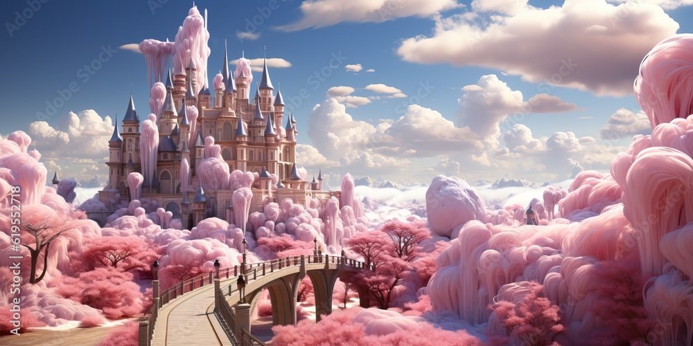 Wall mural Magic pastel pink landscape with fairytale castle in a cotton candy world, generative AI