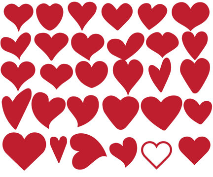 Love hearts icon. Abstract red loving heart symbols for valentines day, outline lovely red heart elements and love silhouette icons isolated set. Romance linear and filled symbol bundle. heart icon