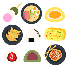 Japanese traditional food. Gyoza, ramen, okonomiyaki on black plate. Dango, mochi, kusa mochi, onigiri, daifuku, tamagoyaki. Asian food in flat detailed style.