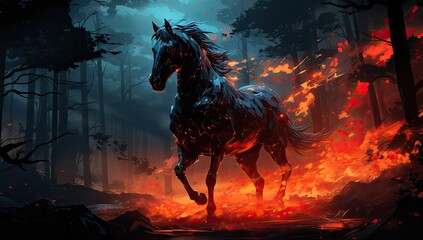 Obraz na płótnie Canvas Fantasy illustration of a hors riding through a burning forest