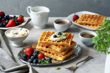 Belgian waffles with berries on white plate, blueberries, strawberries, two cups of coffee, dairy cream, strainer with sugar powder on concrete background