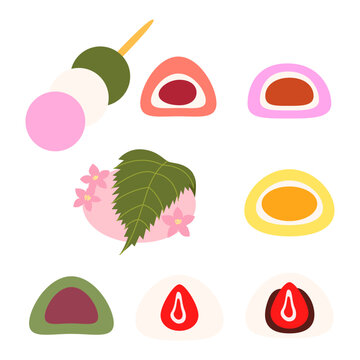 Traditional japanese dessert. Asian sweet food. Dango, mochi, kusa mochi, daifuku and sakuramochi.