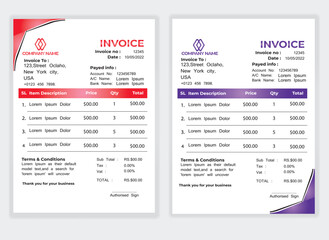 Business Minimal Corporate Invoice design template vector illustration bill form price . Creative template and stationery design payment agreement design template Cash Memo, Vector Quotation Design