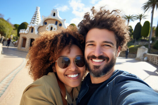 Travel couple happy making selfie portrait with smartphone in Park Guell, Barcelona, Spain. Generative Ai content.