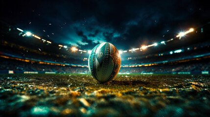 Fototapeta photo of rugby ball on stadium field with blurry stadium tribunes in the background at night time with spotlights and light effects, rugby world cup concept banner obraz