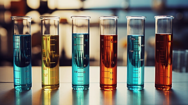 Laboratory glass test tubes with bright liquid for experiments, universal colorful technology, image illustration design, Generative Ai