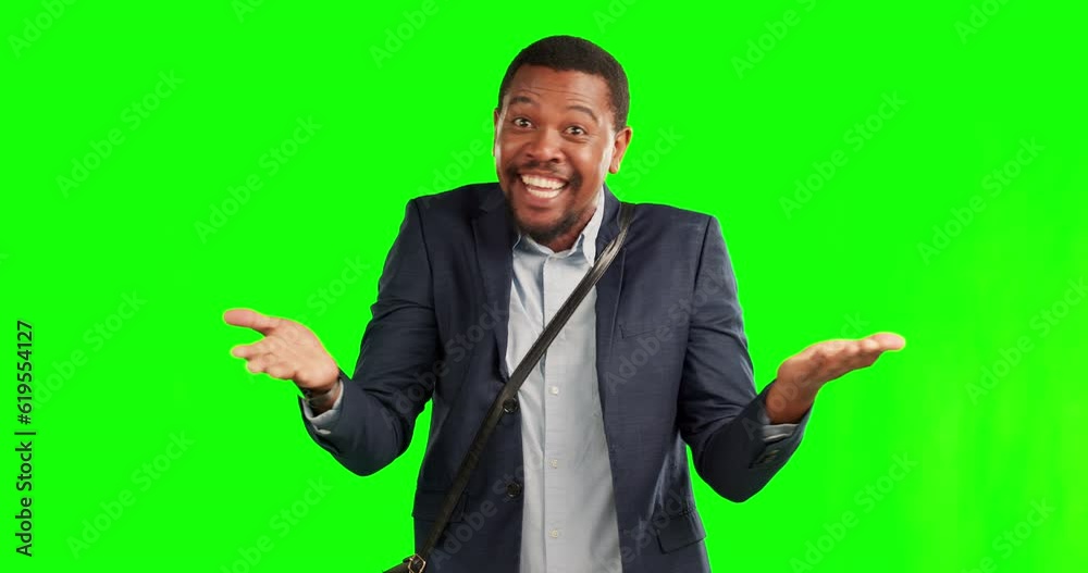 Canvas Prints Thumbs up, business and happy black man on green screen for support, thank you and success. Excited, studio and portrait of male entrepreneur with approve hand gesture for promotion, bonus or winning