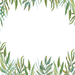 Watercolor frame with green leaves. Watercolor green leaves background design. Watercolor branch, leaves, tropical leaves. Perfect for weddings, invitations, greeting cards,
