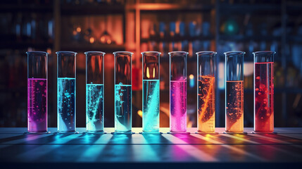 Laboratory glass test tubes with bright liquid for experiments, universal colorful technology, image illustration design, Generative Ai