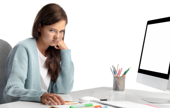 School girl college student learning during virtual remote class, online lesson on video conference call with teacher on computer