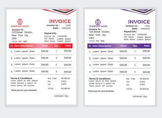 Business Minimal Corporate Invoice design template vector illustration bill form price . Creative template and stationery design payment agreement design template Cash Memo, Vector Quotation Design