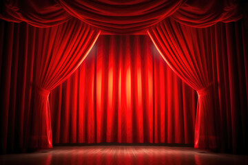 Dramatic Theatre Stage with Red Curtains and Spotlight. Generative AI