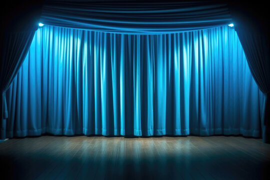 Dramatic Theater Stage with Brilliant Blue Curtains. Generative AI