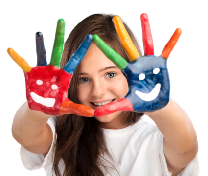 Little  smile student girl showing painted hands