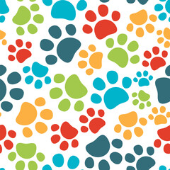 Colorful pet paws seamless pattern. Cat or dog footprint on white background. Vector illustration. It can be used for wallpapers, wrapping, cards, patterns for clothes and other.