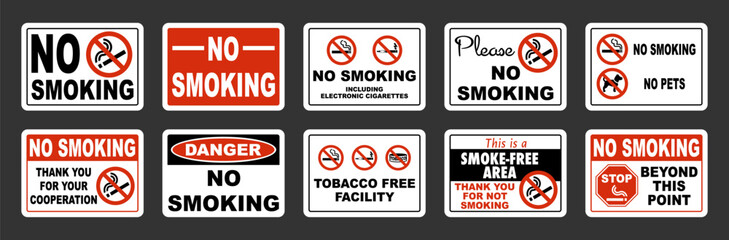 No smoking sign vector set. ten different horizontal versions.