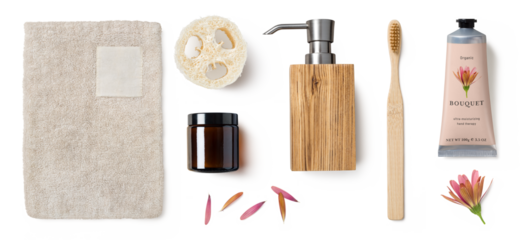 cut-out natural and sustainable / eco friendly cosmetics, set of containers and bathroom accessories, natural beauty, spa  and lifestyle elements isolated over a transparent background, PNG	
