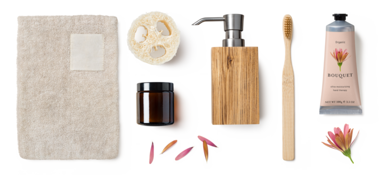 cut-out natural and sustainable / eco friendly cosmetics, set of containers and bathroom accessories, natural beauty, spa  and lifestyle elements isolated over a transparent background, PNG	
