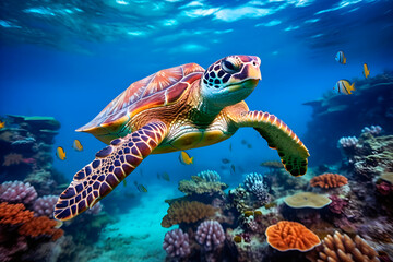 Obraz na płótnie Canvas Sea turtle under the sea with corals. Ai Generative.