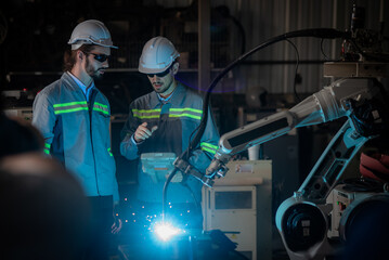 Caucasian male engineers wearing safety uniform, control and monitor automatic welding machine arm robot in intelligent factory in real-time monitoring system software, digital manufacturing operation