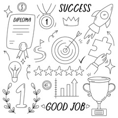 Business success doodle set. Hand drawn linear business icons. Concept of brain, thinking, business solution, winner, strategy, goals, opportunity, success and idea.