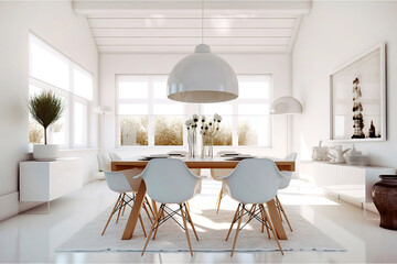 Scandinavian style interior design of modern dining room. Created with generative AI